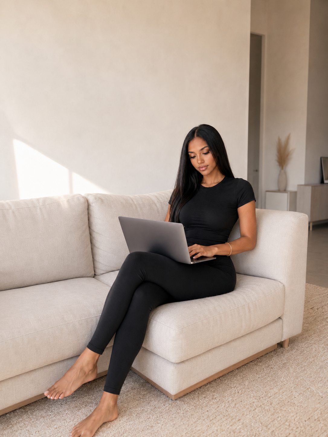 Une femme travaille sur son ordinateur portable, assise sur un canapé dans un intérieur clair